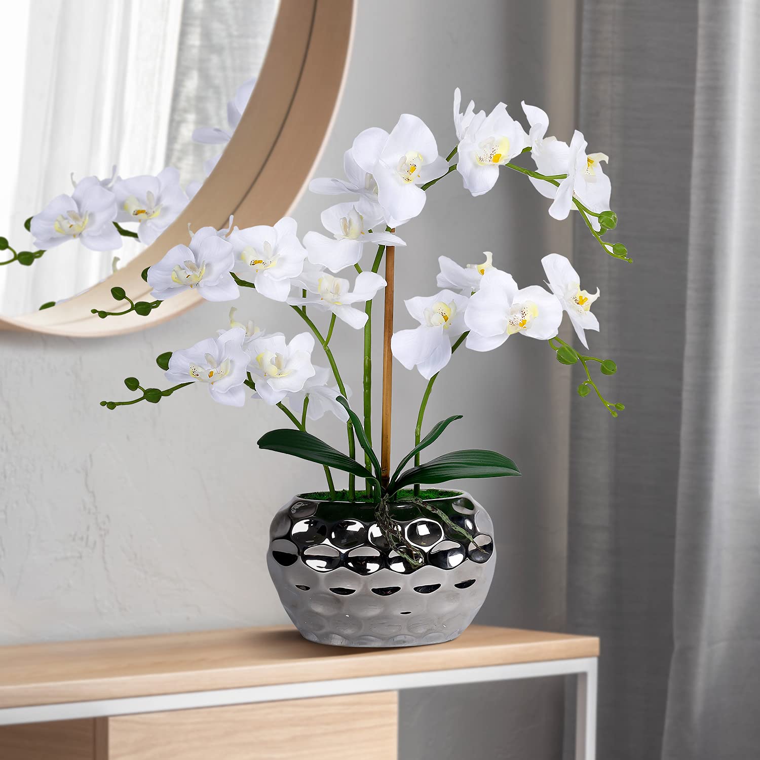 White Orchid Arrangement in Silver Vase Fake Orchids Arrangements Centerpiece Silk