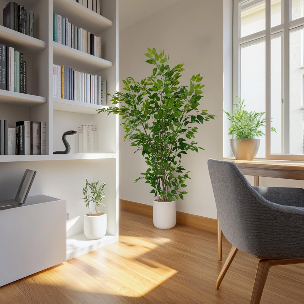 Artificial Ficus Tree with Green Leaves, 6 ft Tall, Indoor Plant with Decorative Beige Planter
