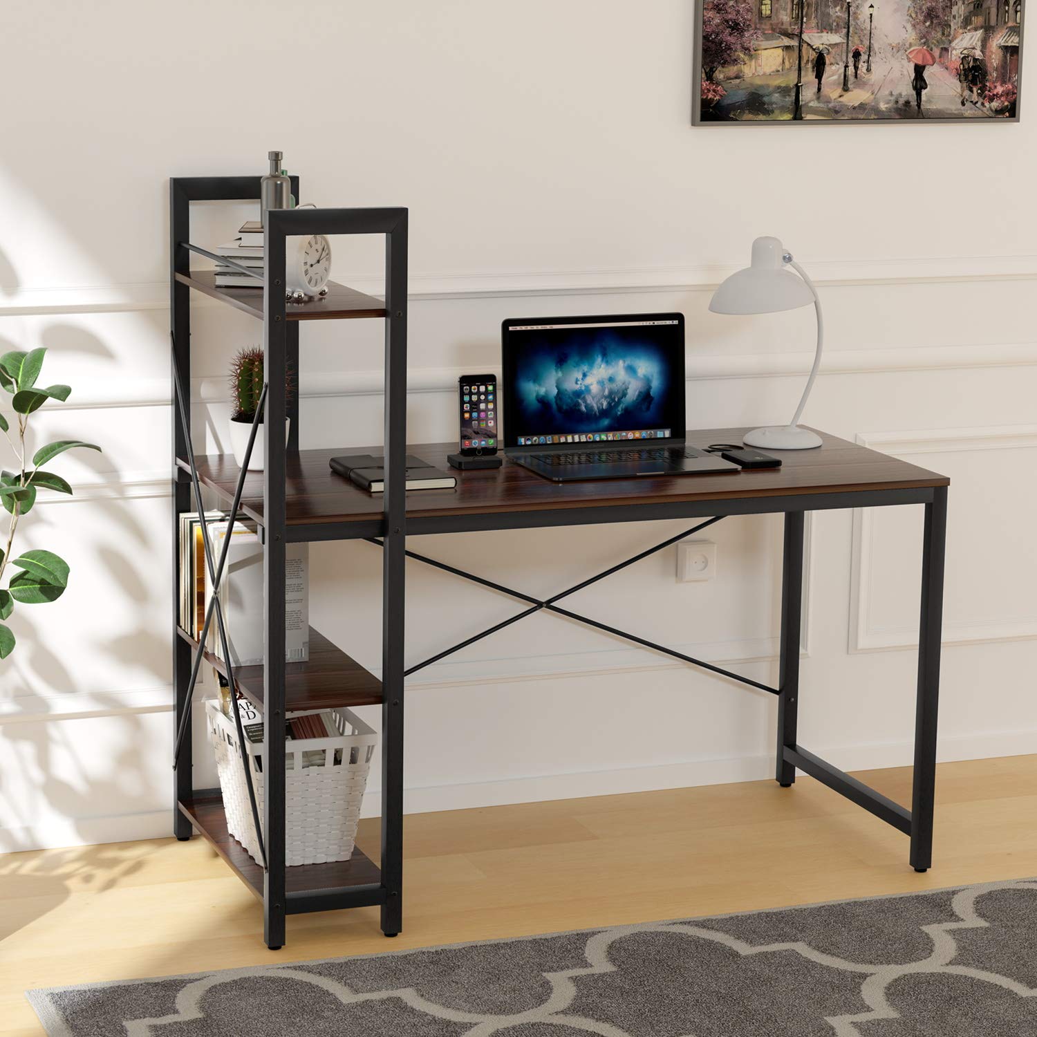 Computer Desk with Shelves, Modern Office Desk with 4-Tier Shelf