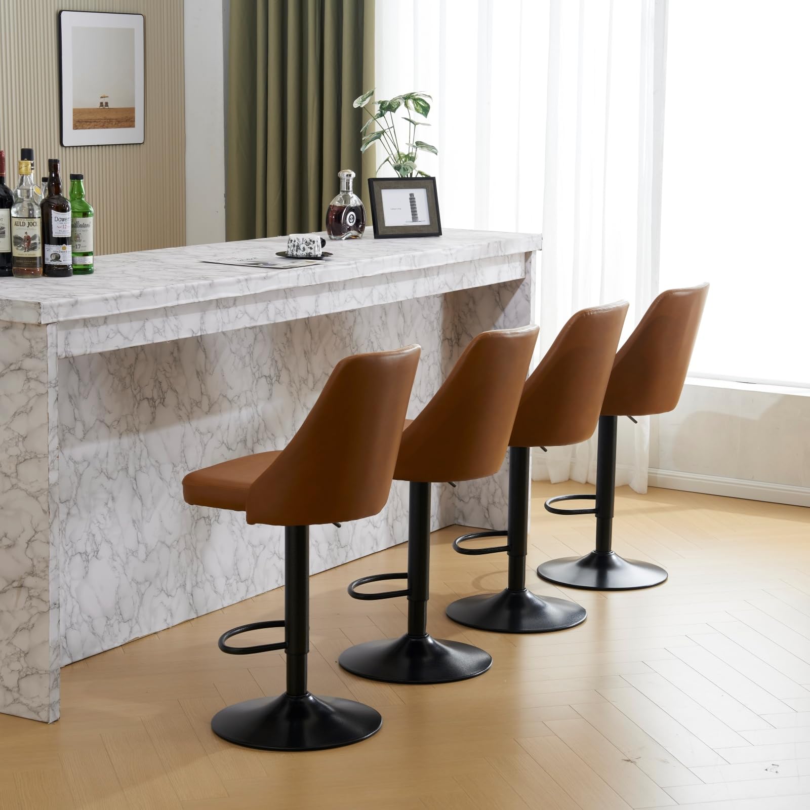 Bar Stools, Set of 2 Bar Chairs with Footrest, Black Steel Frame