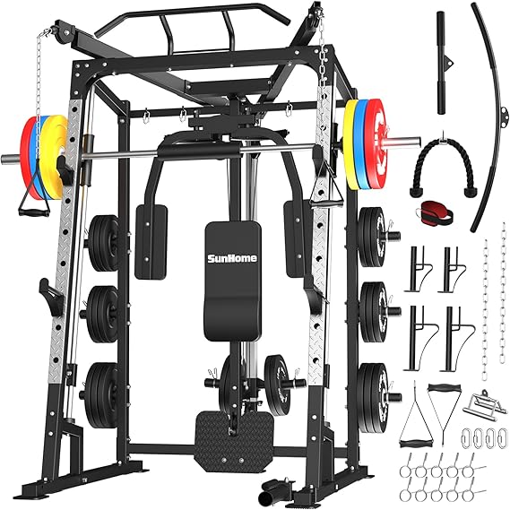 Machine with 120LBS Weight Stack, 2000LBS Power Cage Squat Rack with Smith Bar
