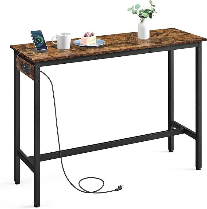 Bar Table, Narrow Long Kitchen Dining Table with Charging Station