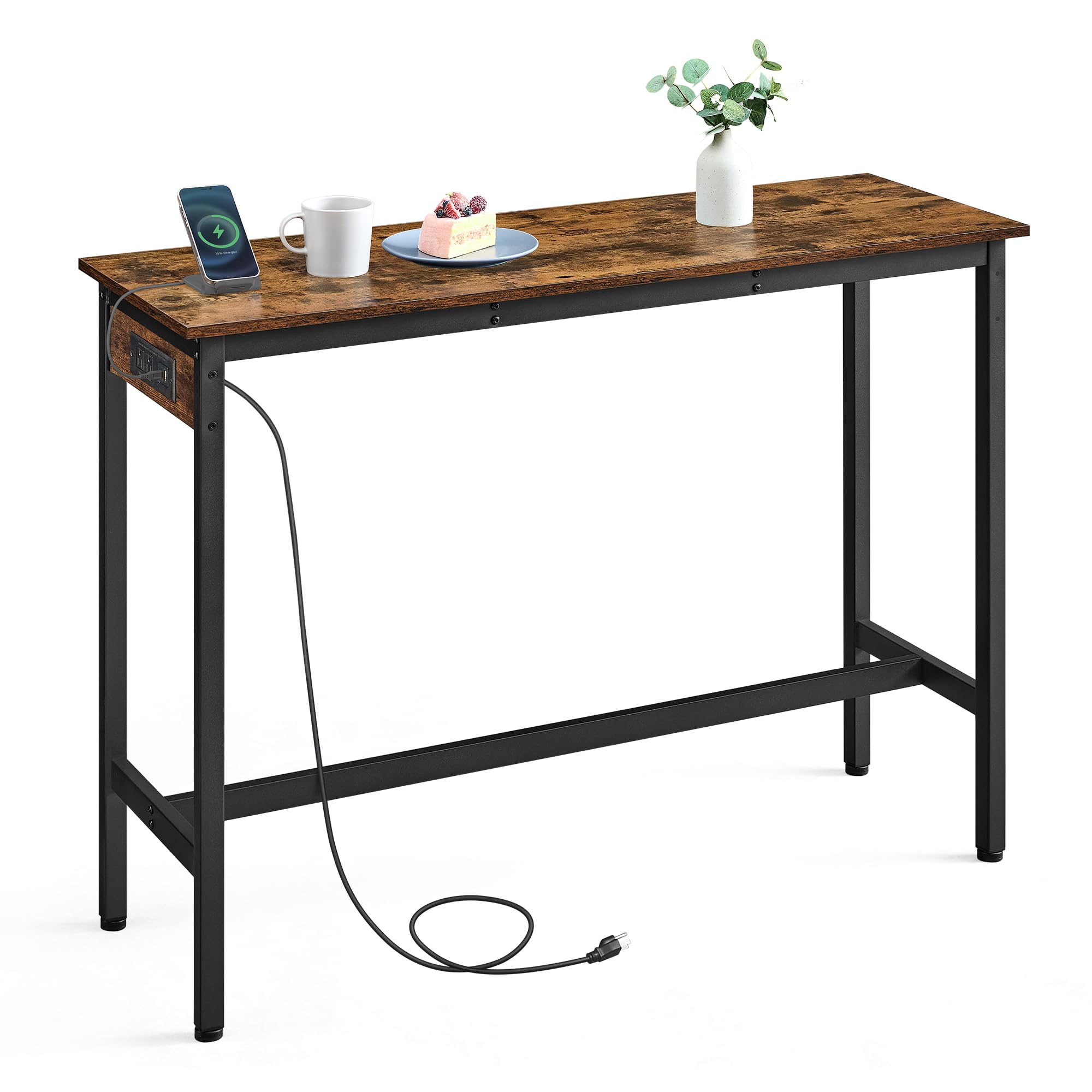 Bar Table, Narrow Long Kitchen Dining Table with Charging Station, Sturdy Metal Frame