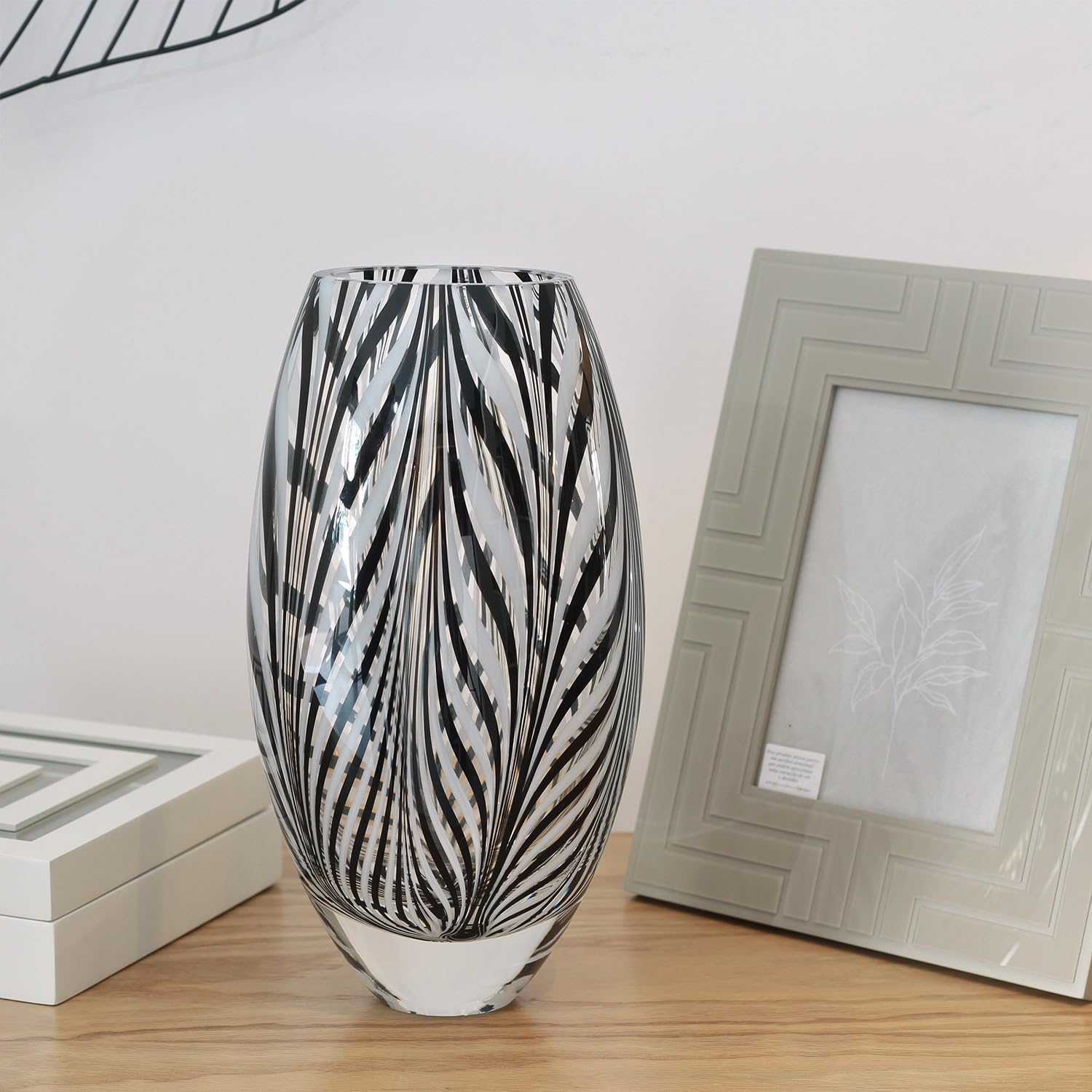 Glass Vase Black and White Feather Pattern Hand Blown Murano-Style Art Glass