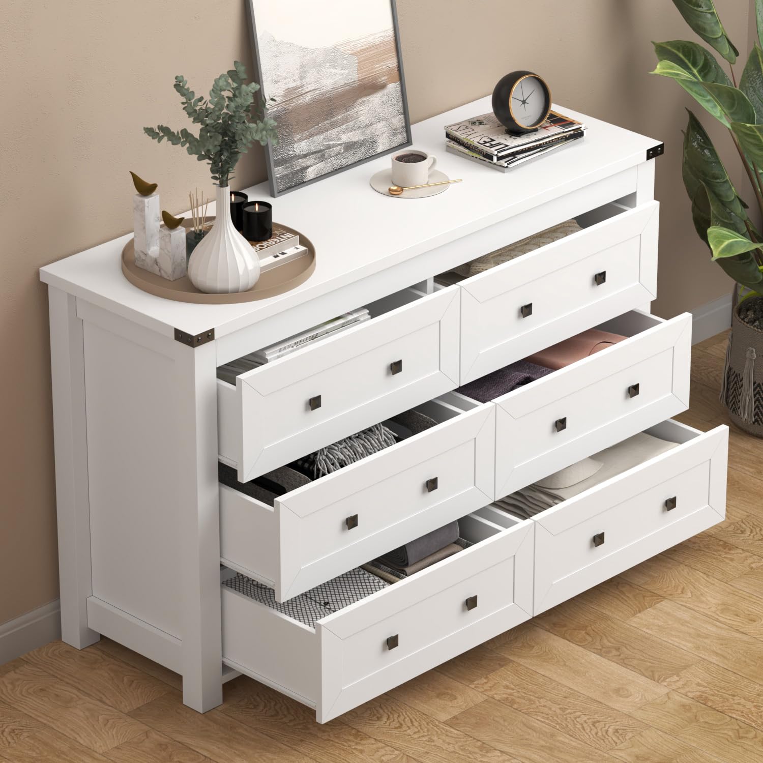 White Dresser for Bedroom, 6 Drawer Wood Chest of Drawers