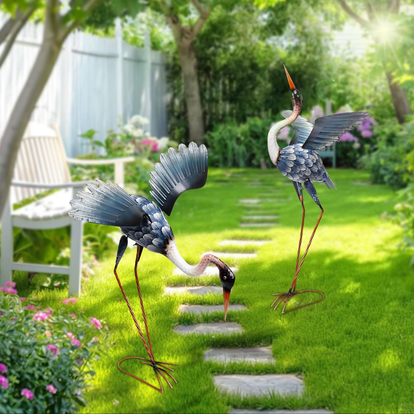 Crane Garden Statues for Outside, 2 Pack Blue Heron Garden Sculpture Statue