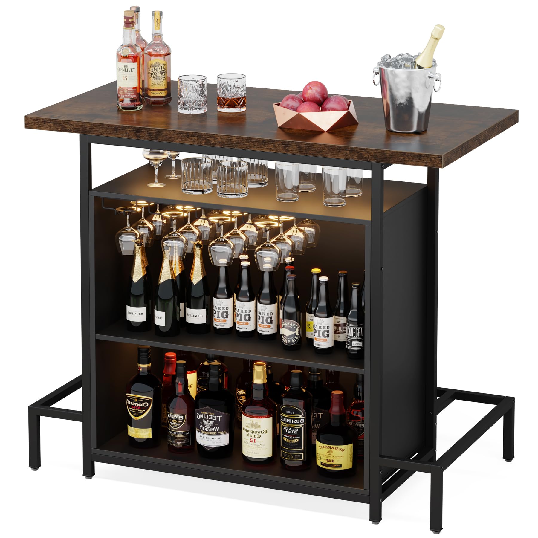 Industrial Home Bar Unit, 3-Tier Liquor Bar Table with 4 Stemware Racks