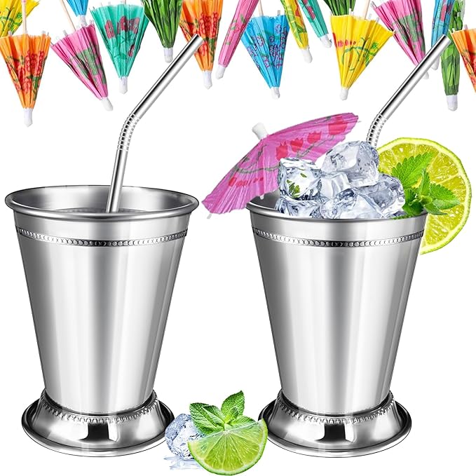 40 Pcs Mint Julep Cups Silver with Artificial Rose 12 oz Stainless Steel Drinking