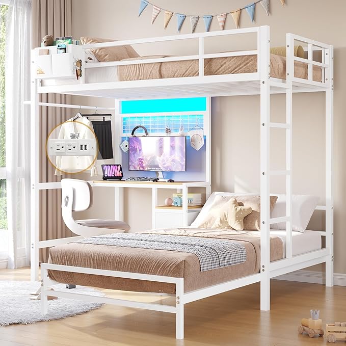 Bunk Bed with Desk and Charging Station Metal Loft Bed Twin Size