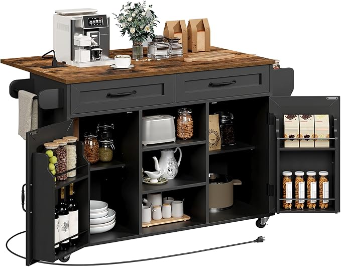 Kitchen Island with Power Outlets & Drop Leaf, Kitchen Cart with Storage