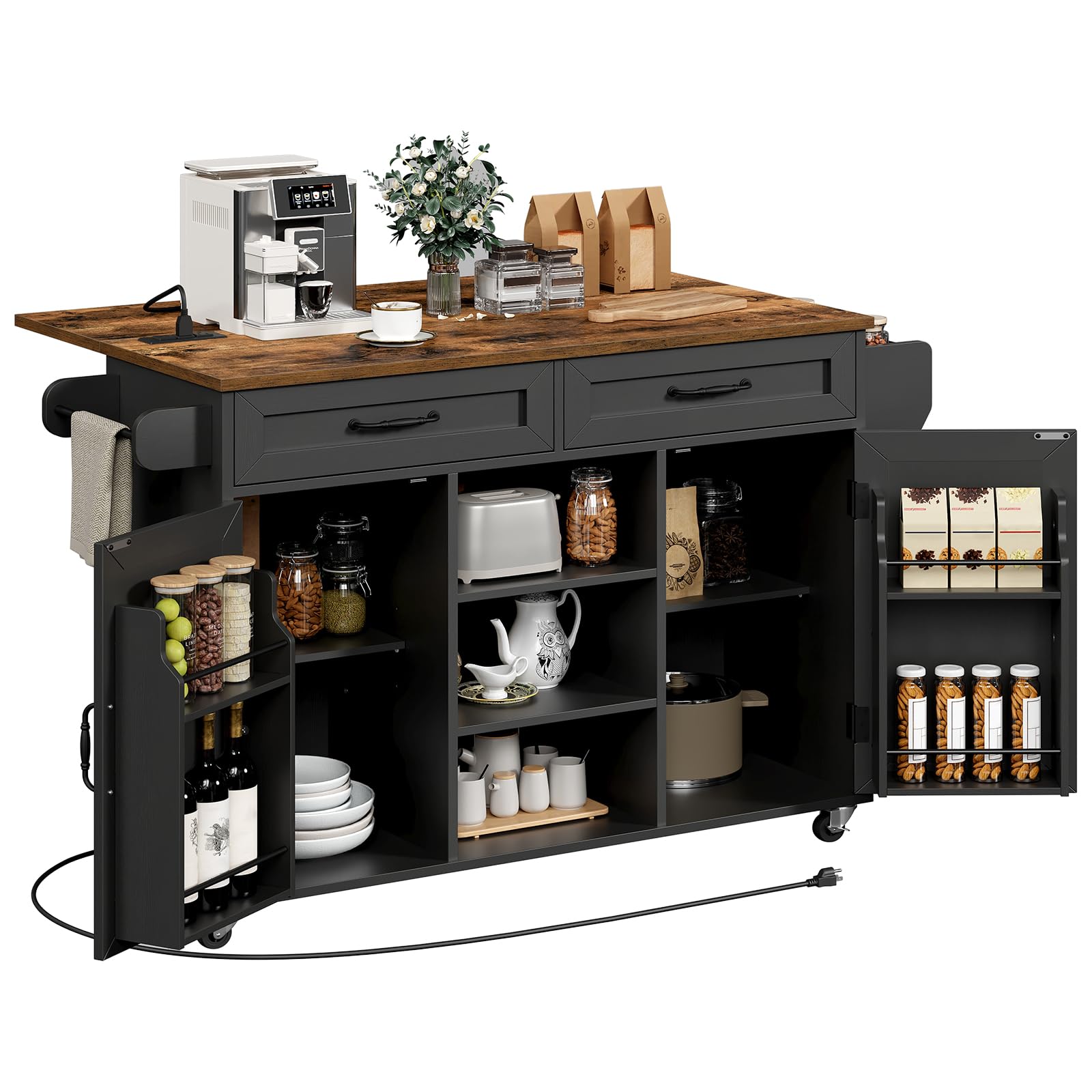 Kitchen Island with Power Outlets & Drop Leaf, Kitchen Cart with Storage