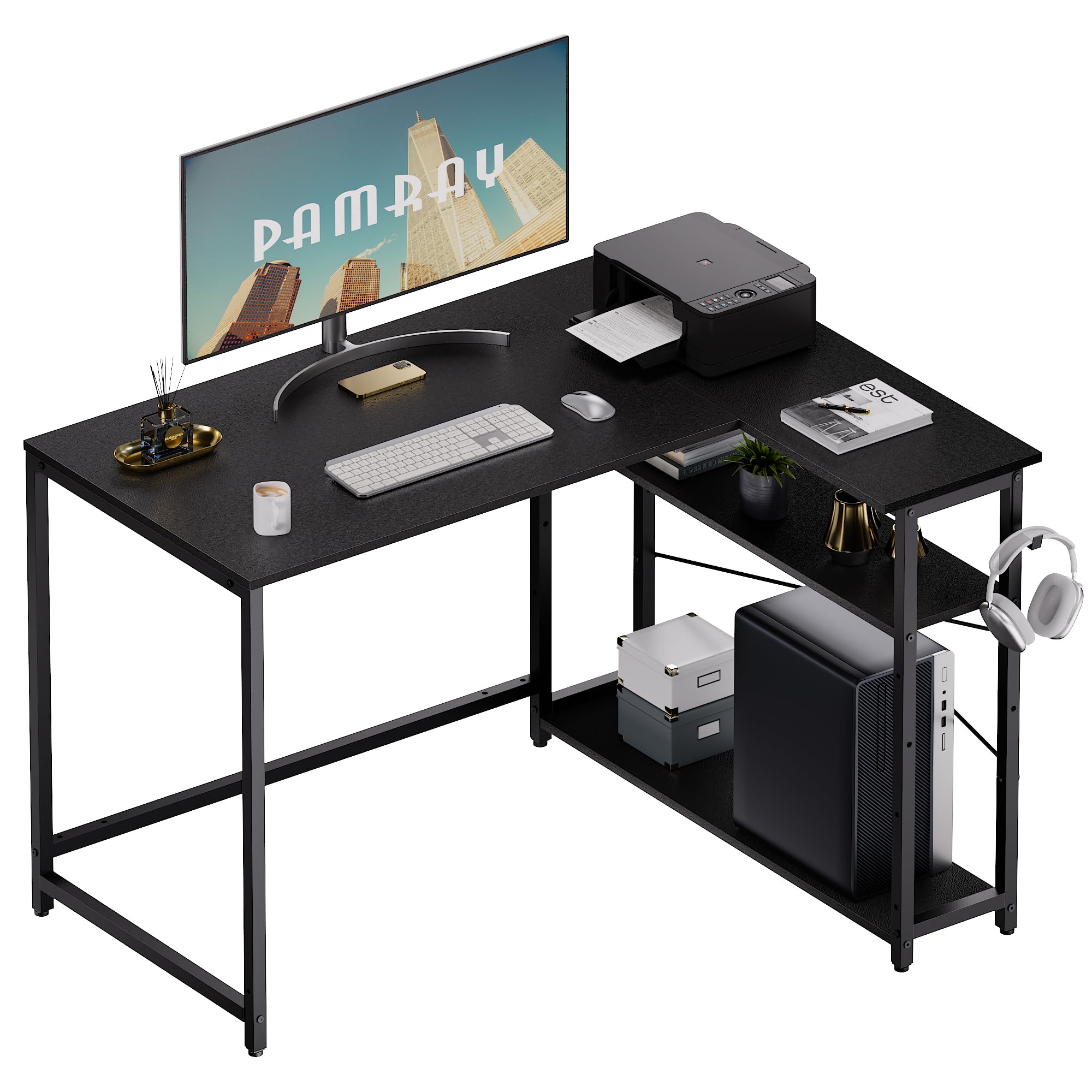 43 Inch L Shaped Computer Desk with Reversible Side Storage Shelves