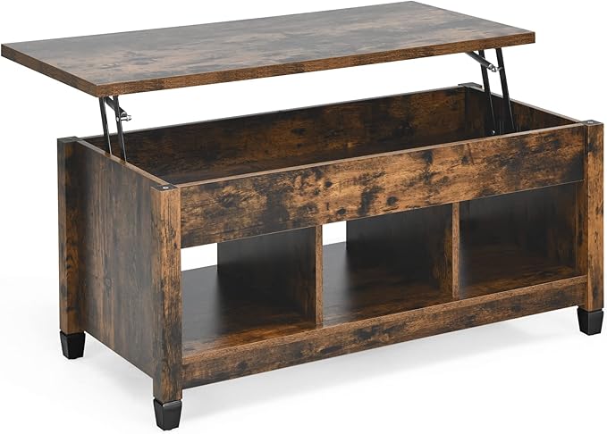 Lift Top Coffee Table, with Hidden Storage Compartment & 3 Open Shelves, Rectangular