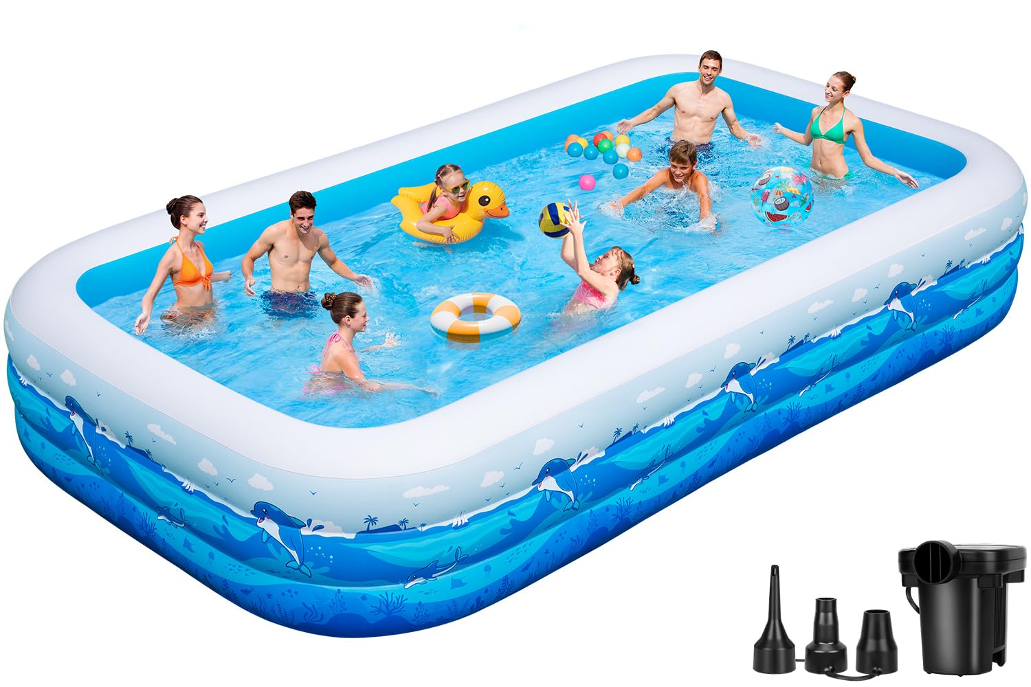 Pool with Pump, 130"x72"x22" Full-Sized Blow Up Pool with 0.6mm PVC & Cute Animal Print