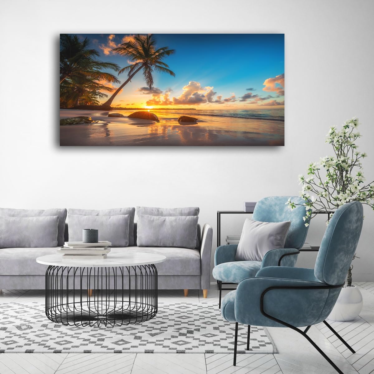 Wall Art Canvas Painting Sunset on a Tropical Beach with Palm Trees 1 Piece Blue