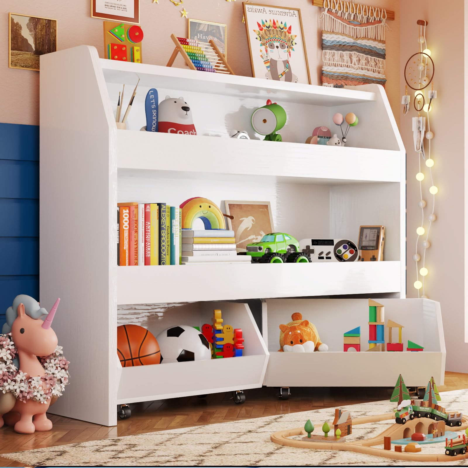 Toy Storage Organizer with Movable Drawers, Toys Organizer Bookshelf