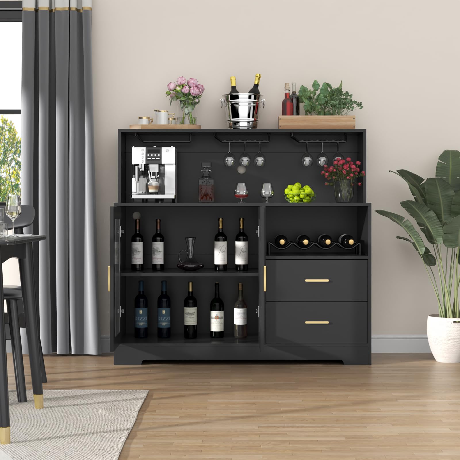 Auromie Wine Bar Cabinet with LED Light, Home Coffee Cabinet with Wine and Glass Rack, Kitchen Buffet Sideboard with Storage Cabinet&Drawers, Modern Liquor Cabinet for Living Room Dining Room (Black)