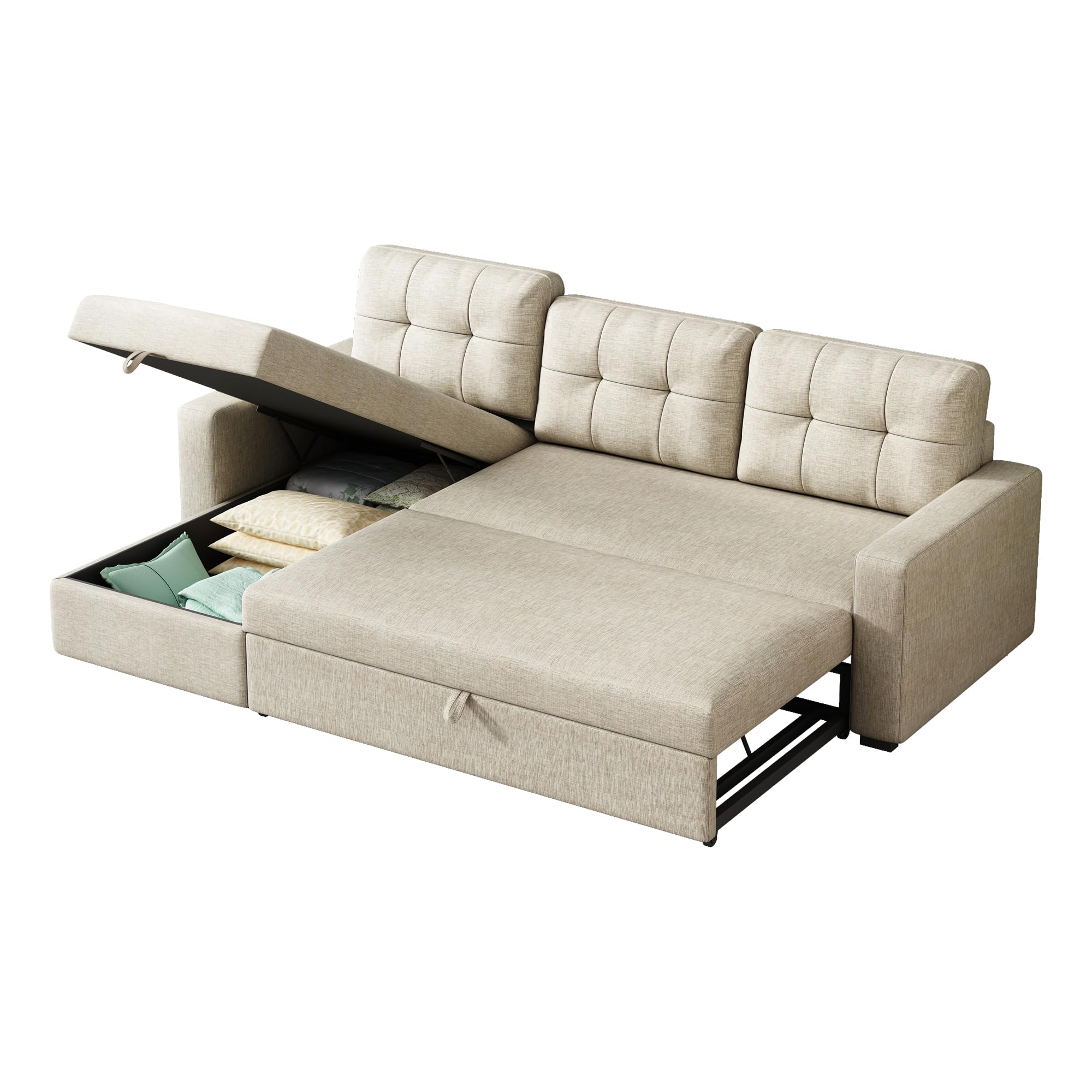 Sleeper Sectional Sofa W/Pull Out Bed,L Shaped Sofa Bed W/Storage Chaise