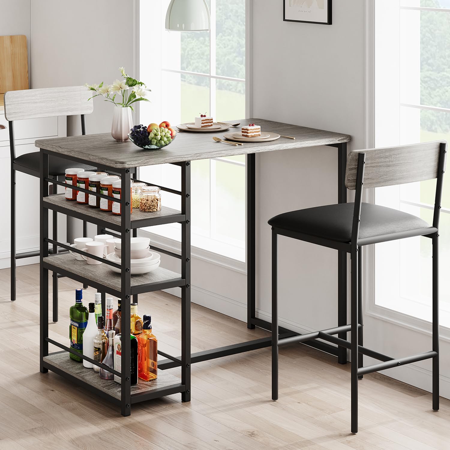 Dining Table and Chairs, Bar Table Set with 2 Upholstered Bar Stools