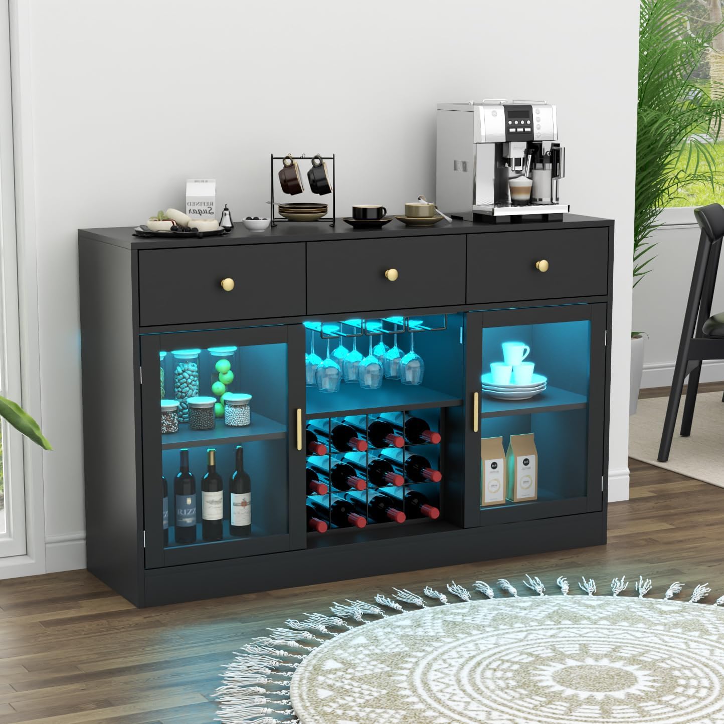 Auromie Wine Bar Cabinet with LED Light, Home Coffee Cabinet with Wine and Glass Rack, Kitchen Buffet Sideboard with Storage Cabinet&Drawers, Modern Liquor Cabinet for Living Room Dining Room (Black.)