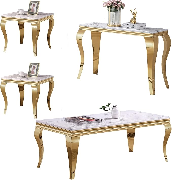 Coffee Table and Console Table Sets, 2 Piece Modern Marble Living Room