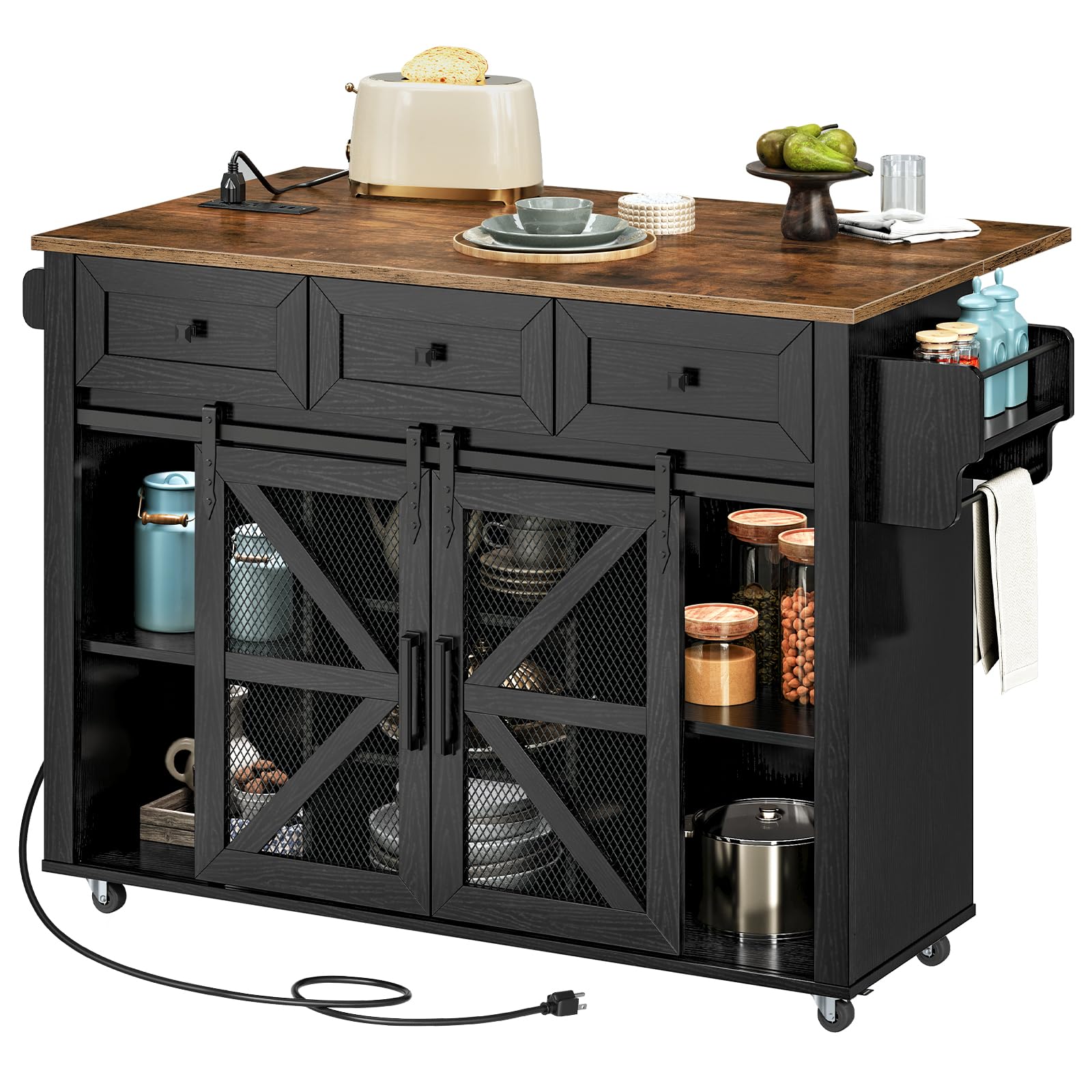 RALGEND Kitchen Island with Storage, Kitchen Cart with Charging Station, Rolling Kitchen Island Table with Drop-Leaf, 3 Drawers, Barn Doors, Towel Rack and Spice Rack, Black and Rustic Brown