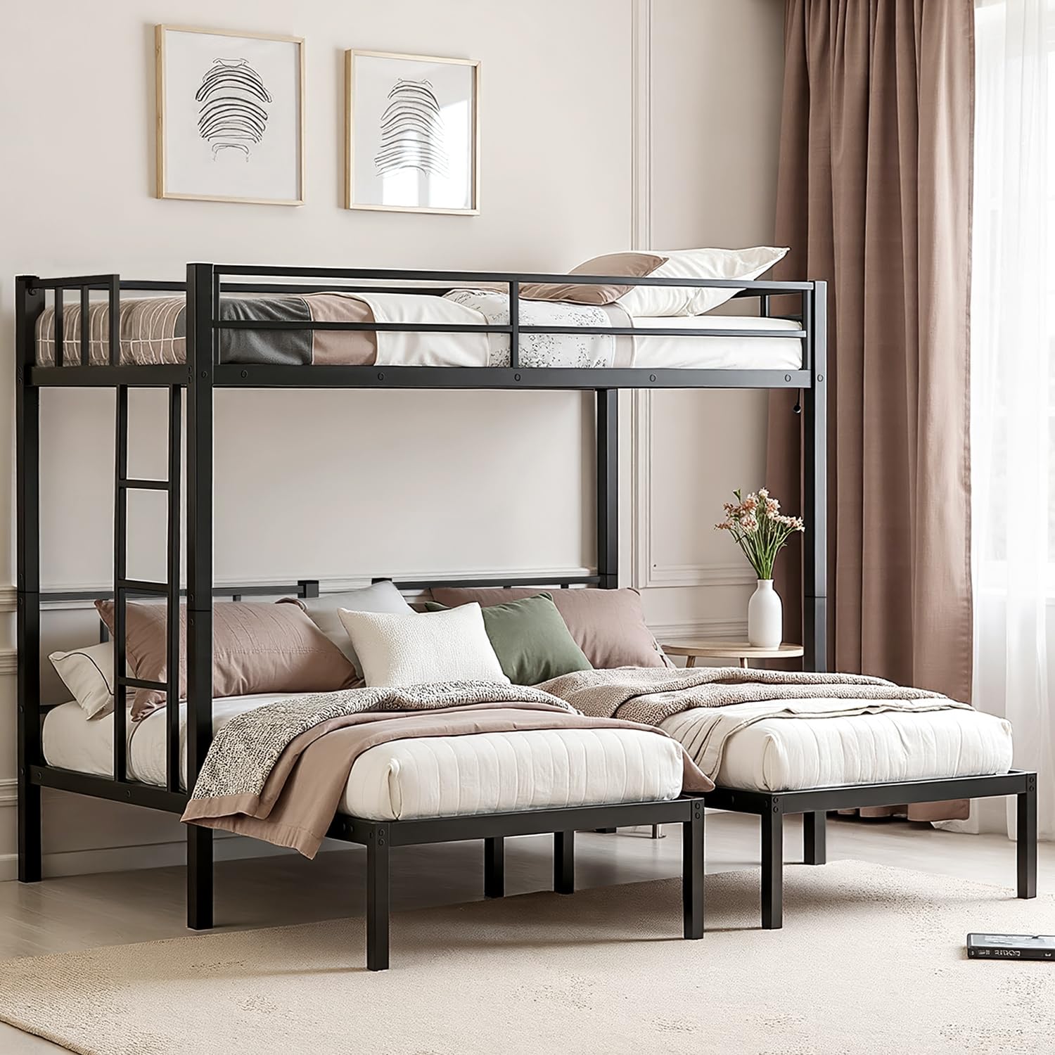Heavy Duty Triple Bunk Bed, Twin Over Twin Over Twin with Guardrails and Ladder
