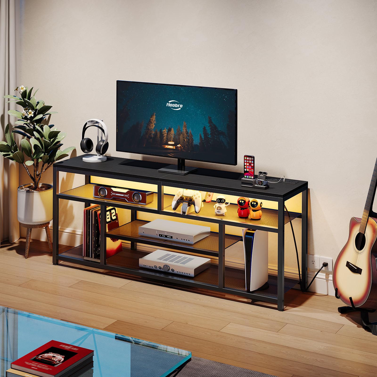 LED TV Stand with Charging Station, 4-Tier Entertainment Gaming Center,living room