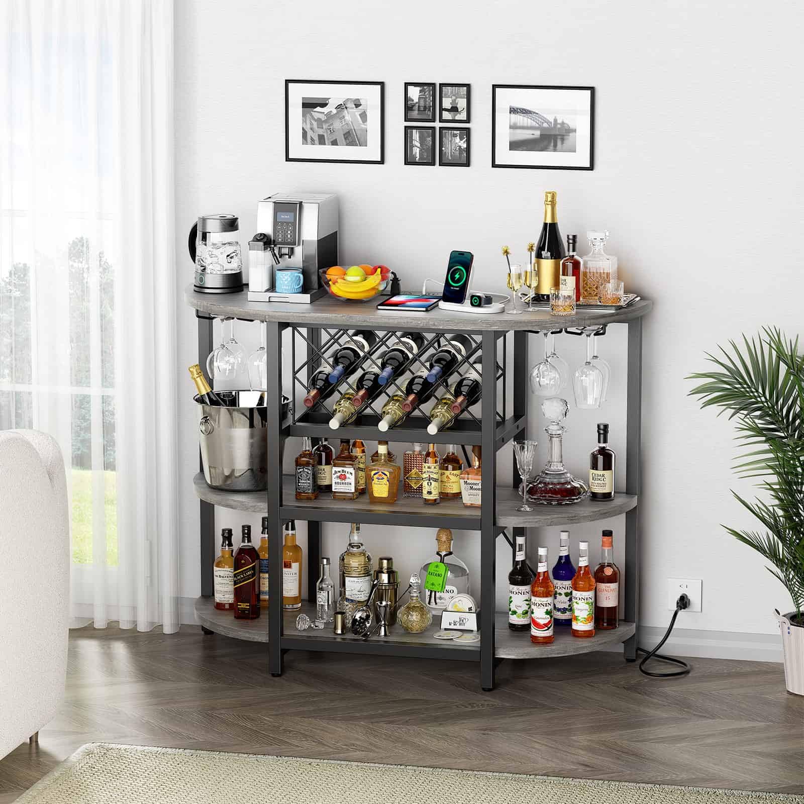Bar Cart Bar Table with Power Outlet, LED Home Bar Cabinet for Liquor