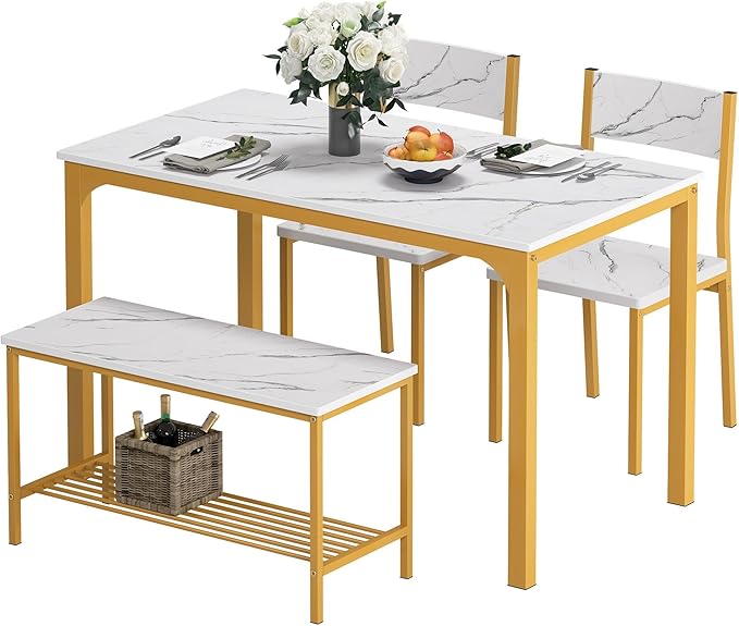 Dining Table Set for 4, 43.3 inch Kitchen Table Set with Chairs and Bench