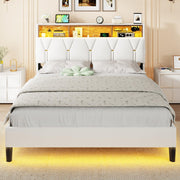 Full Size Bed Frame with Led Lights and Storage Headboard, LED Bed Frame with Charging