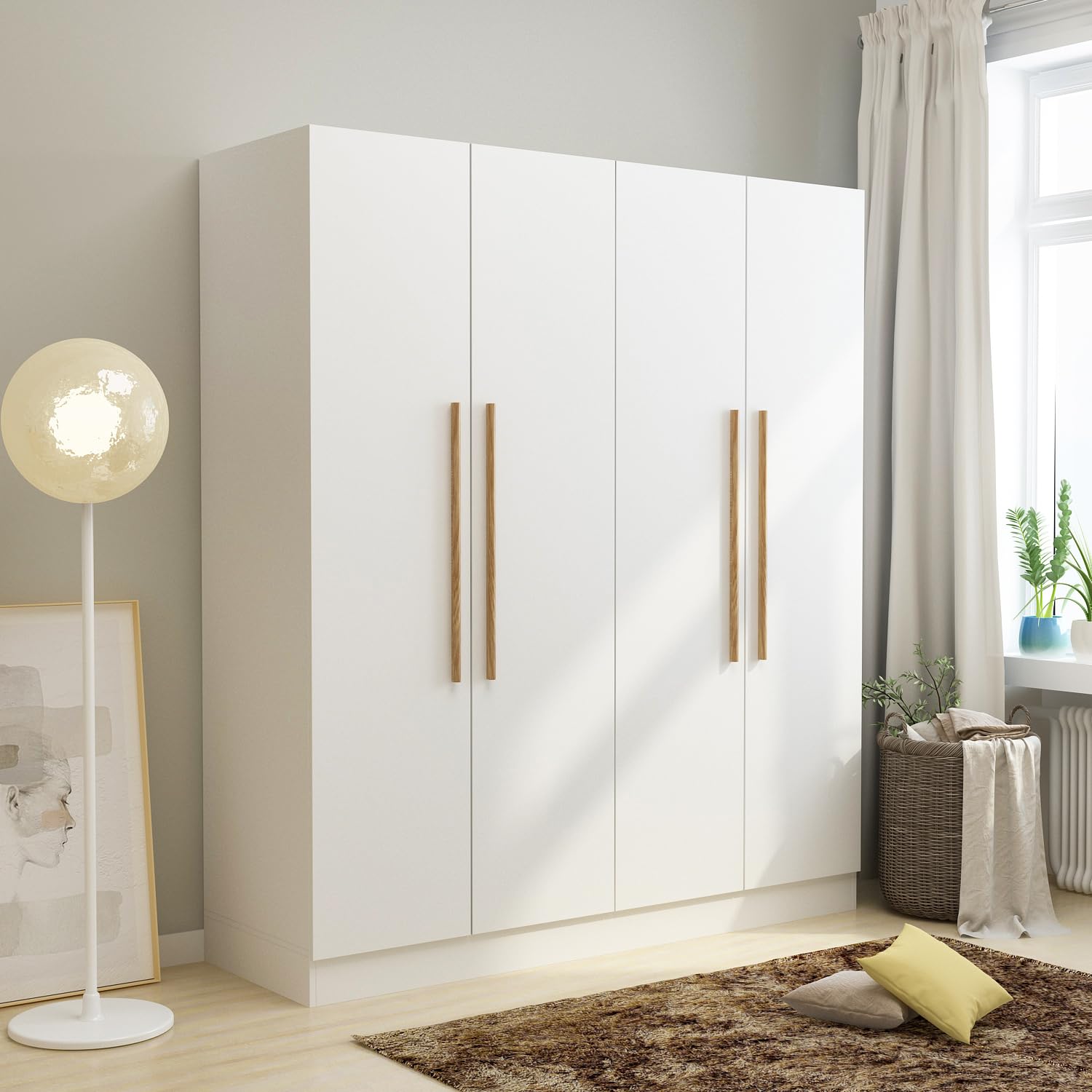 White Wardrobe Armoire Wooden Closet with 4 Doors