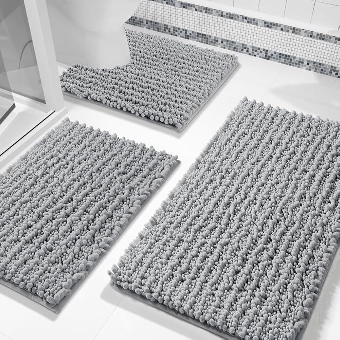Bathroom Rugs Sets 3 Piece, Fluffy Plush Chenille Bath Room Mats Set