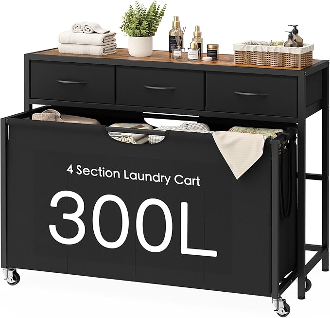 Laundry Sorter, Rolling Laundry Hamper with 3 Section Pull-Out Bags, Laundry Basket
