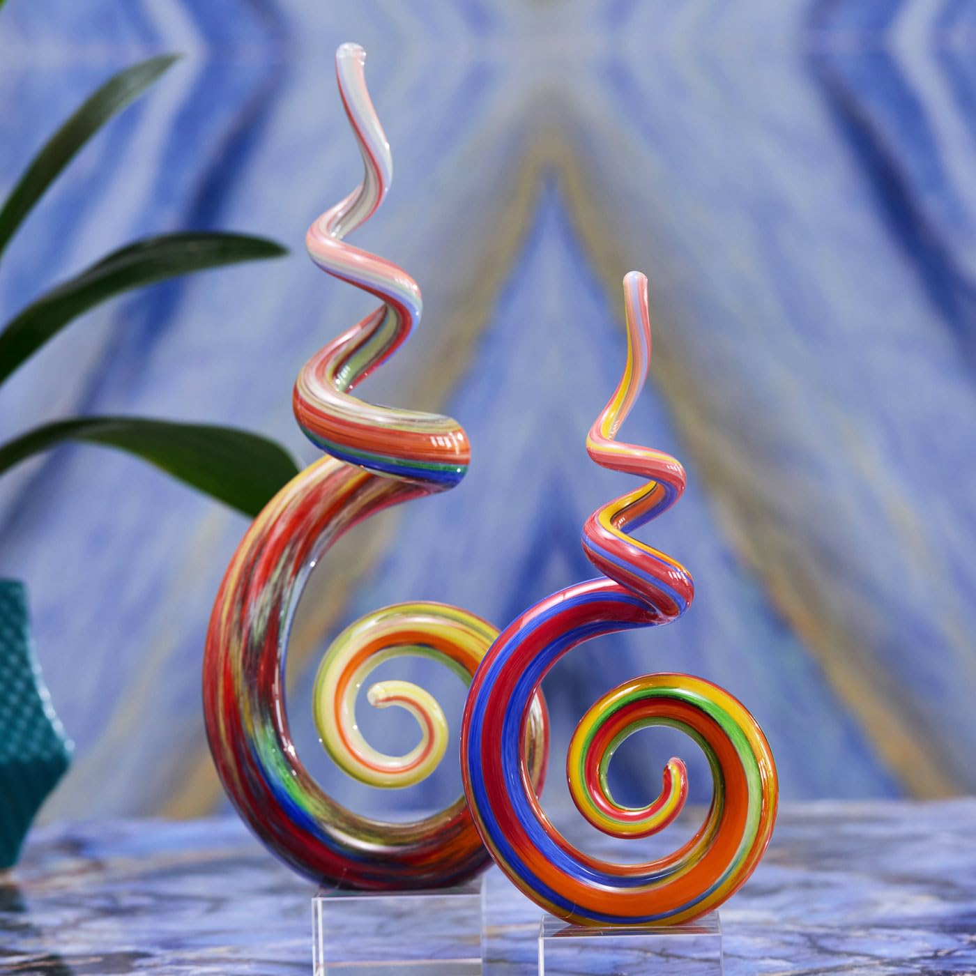 Blown Abstract Rainbow Swirl Sommerso Art Glass Sculpture for Home Decor