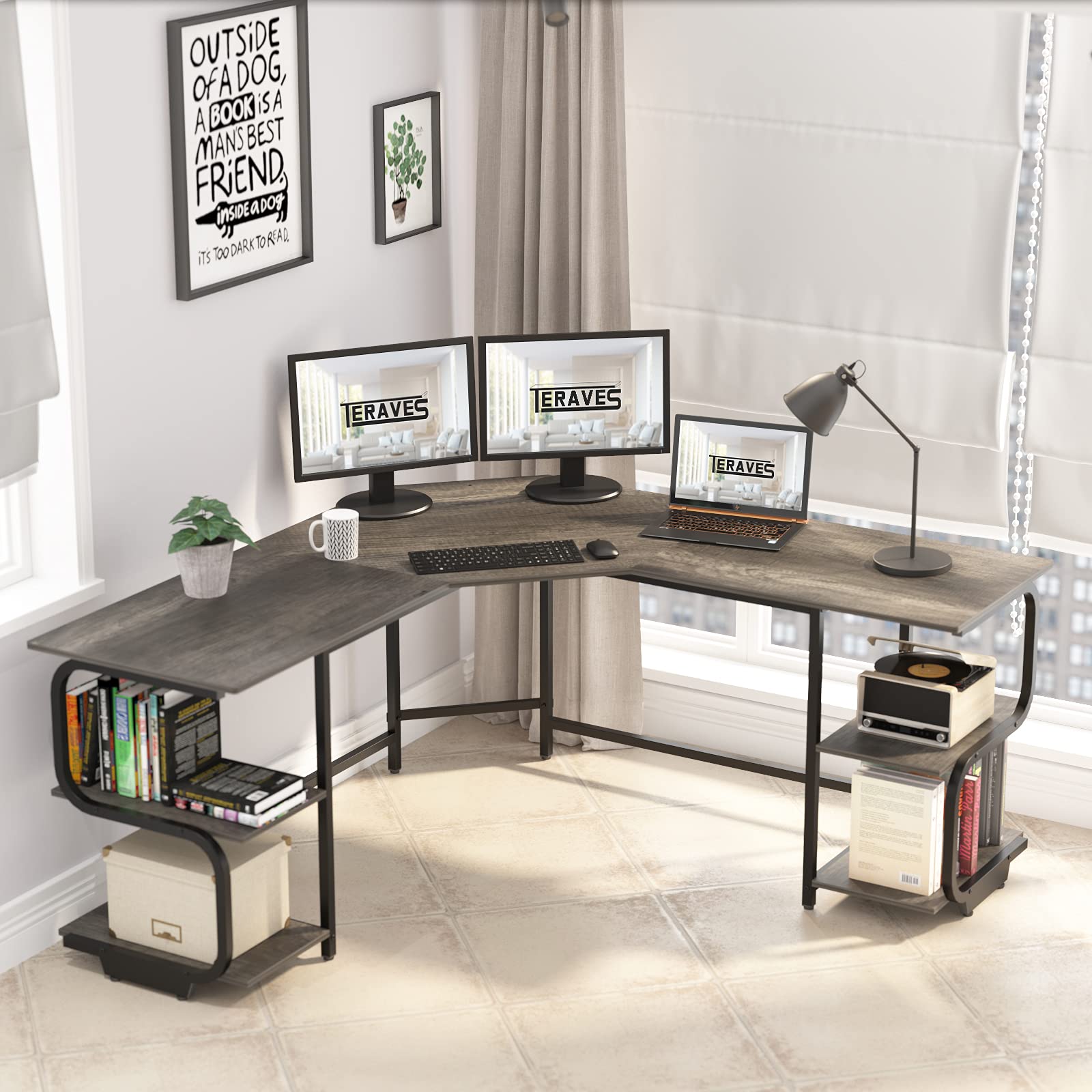 Modern L Shaped Desk with Shelves,64.84" Gaming Computer Desk