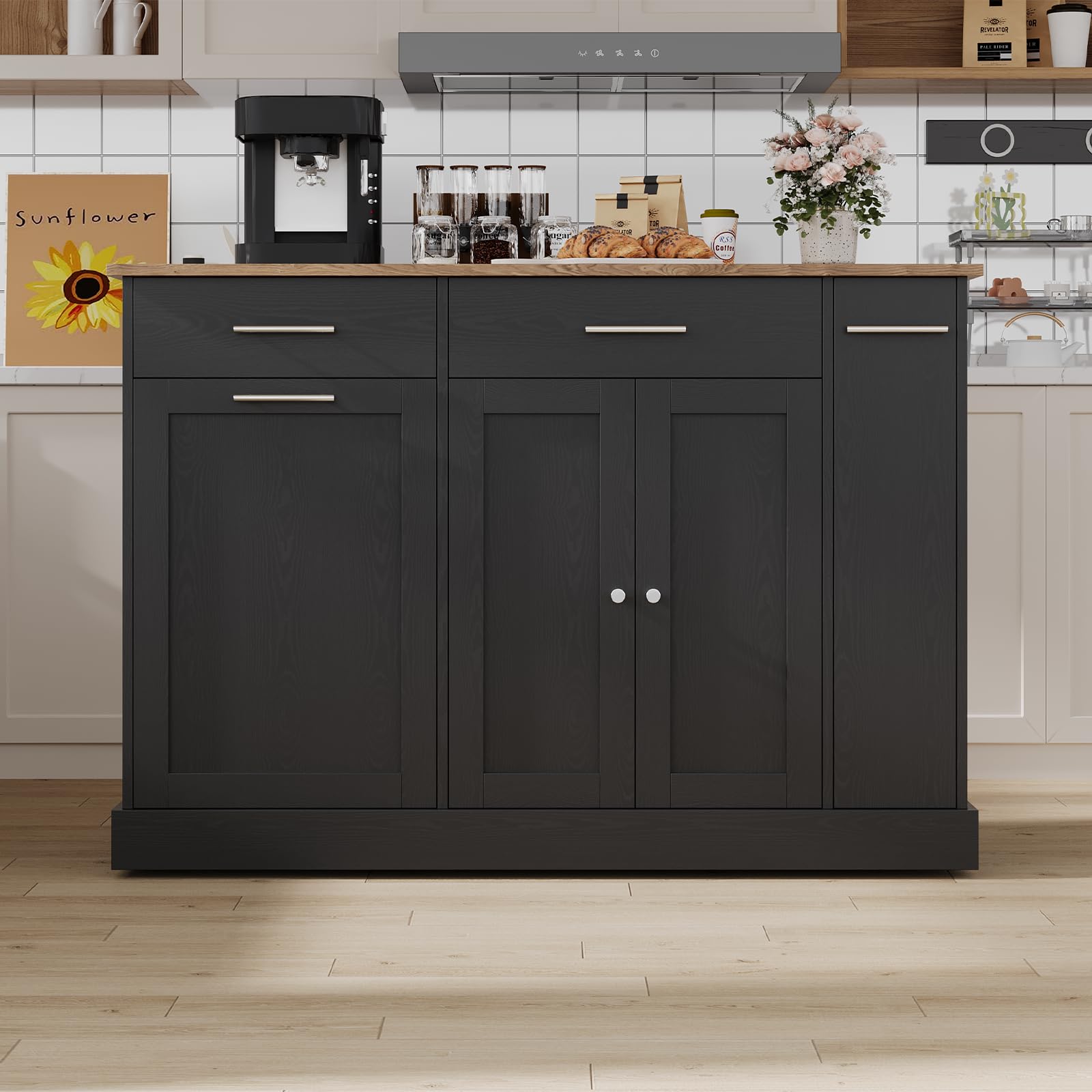 Kichen Island with Trash Can Storage, Kitchen Island Cart with Spice Rack & Towel Rack