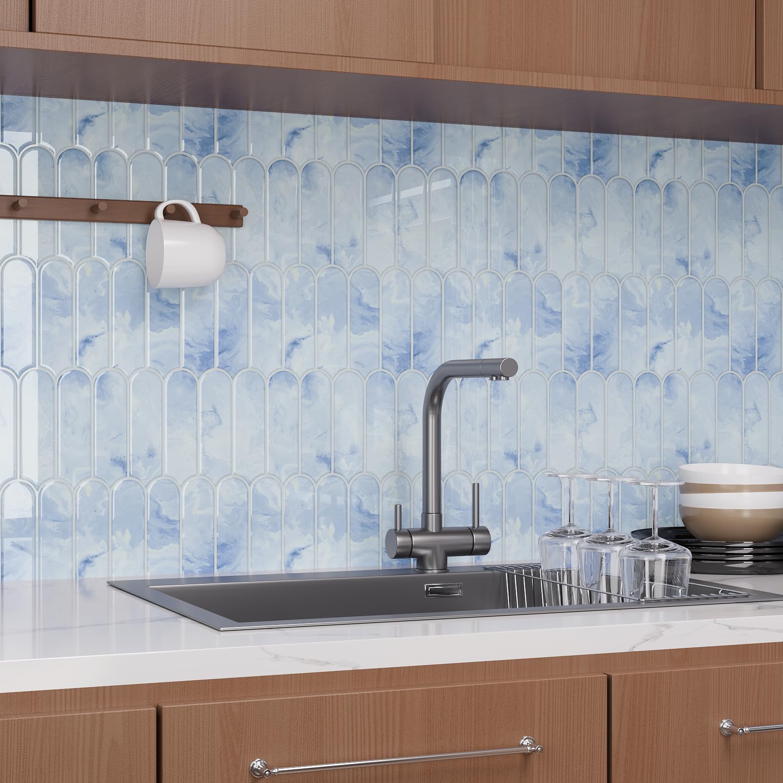 20 Sheets Cream Blue Backsplash Tile Peel and Stick Long Fish Scale Back Splash