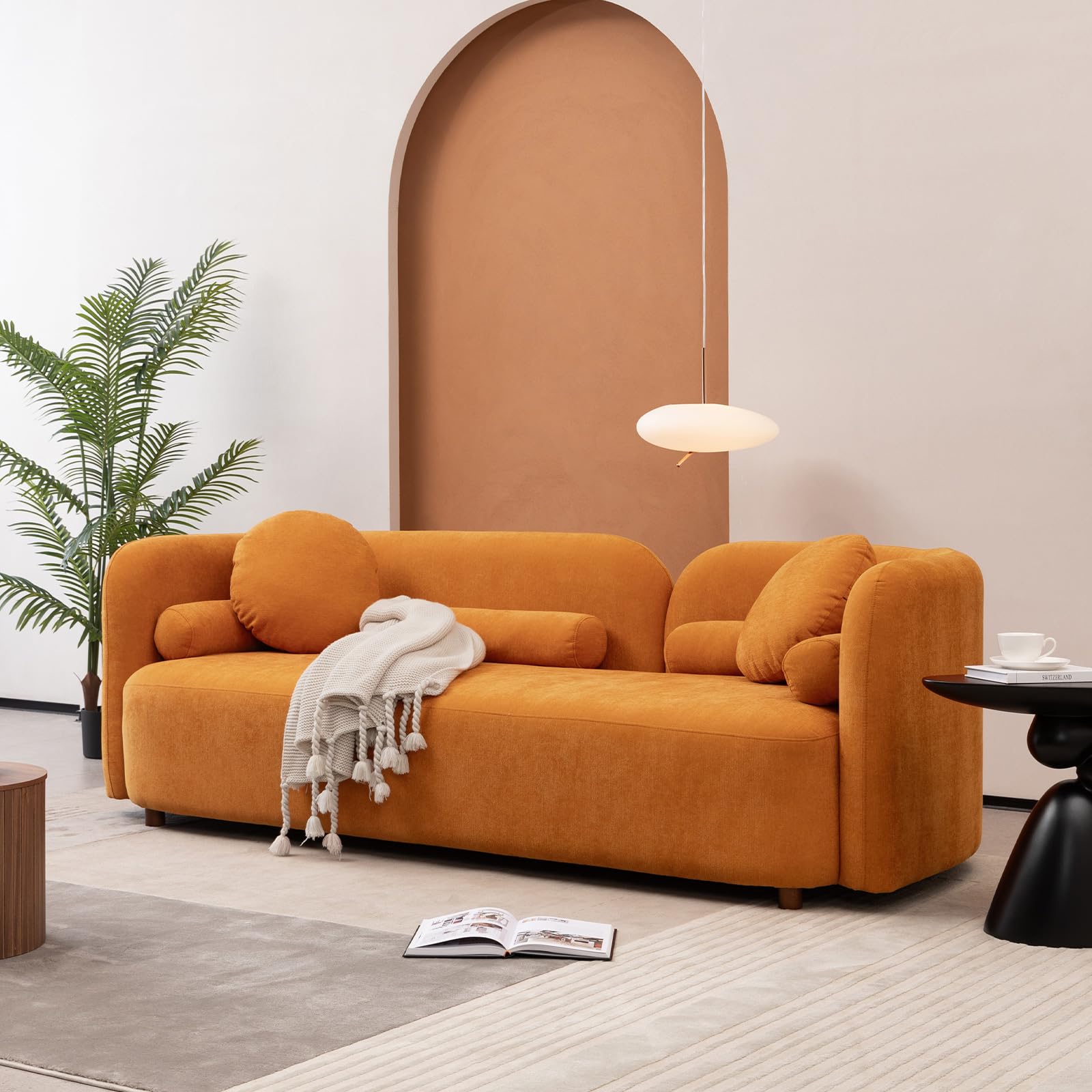 88.5'' Minimalist Curved Sofa 3 Seater Chenille Velvet Fabric Sofa