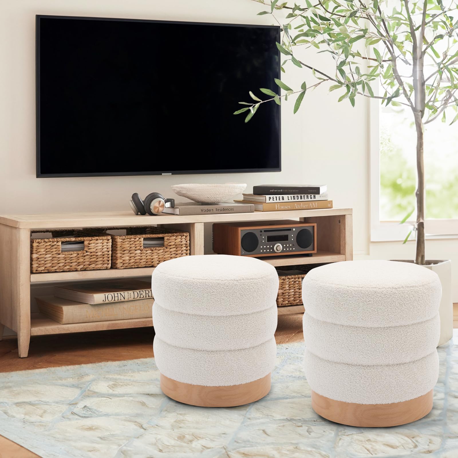 Sherpa Ottoman Footstool, Tufted Modern Foot Rest Stool with Wood Base for Living Room