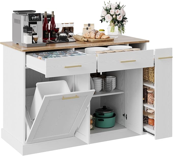 Kichen Island with Trash Can Storage, Kitchen Island Cart with Spice Rack & Towel Rack
