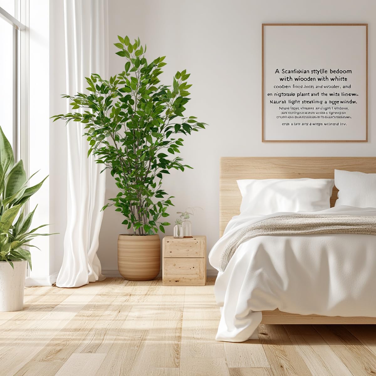 Artificial Ficus Tree with Green Leaves, 6 ft Tall, Indoor Plant with Decorative Beige Planter