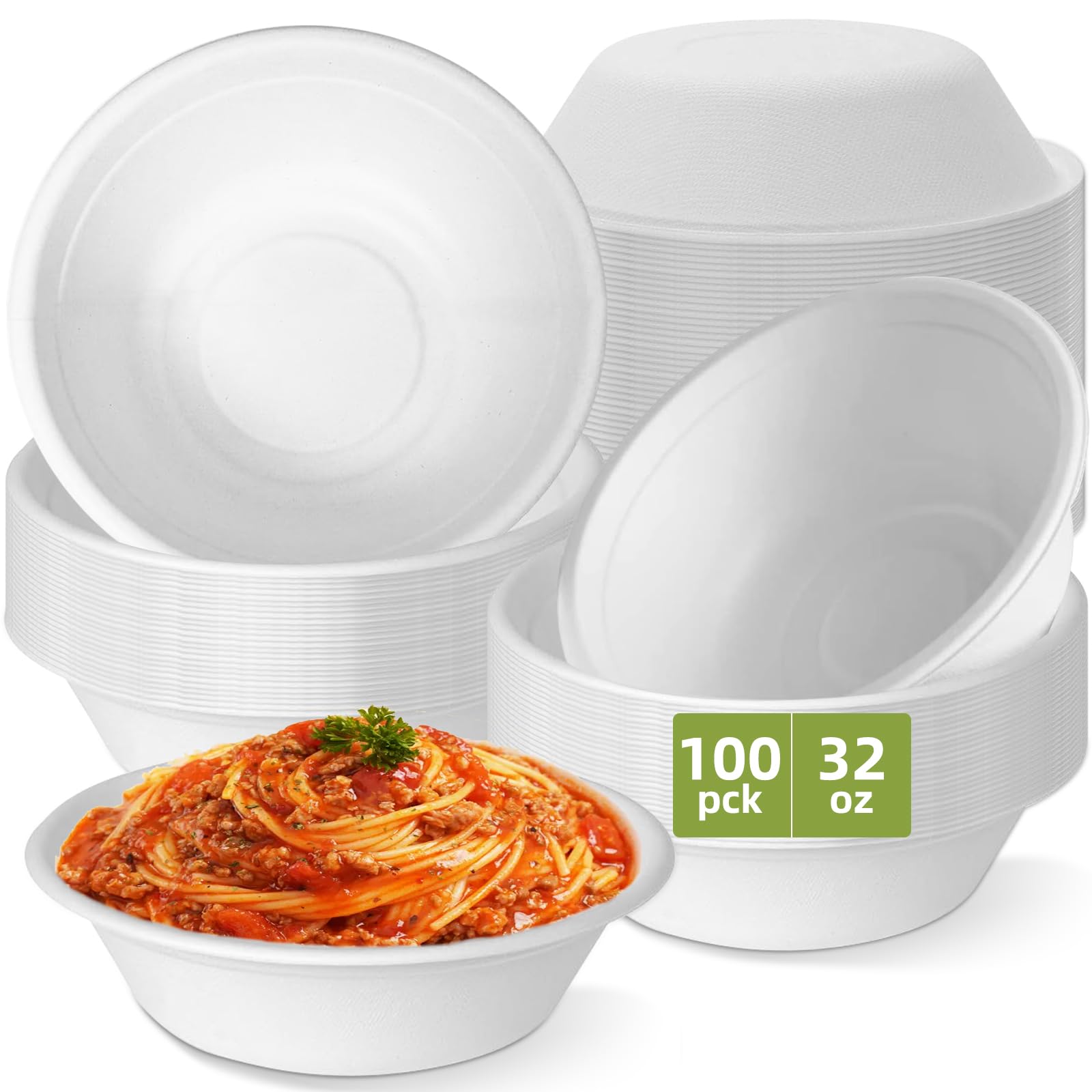 100 Pack 32 oz Paper Disposable Compostable Bowls Heavy Duty White