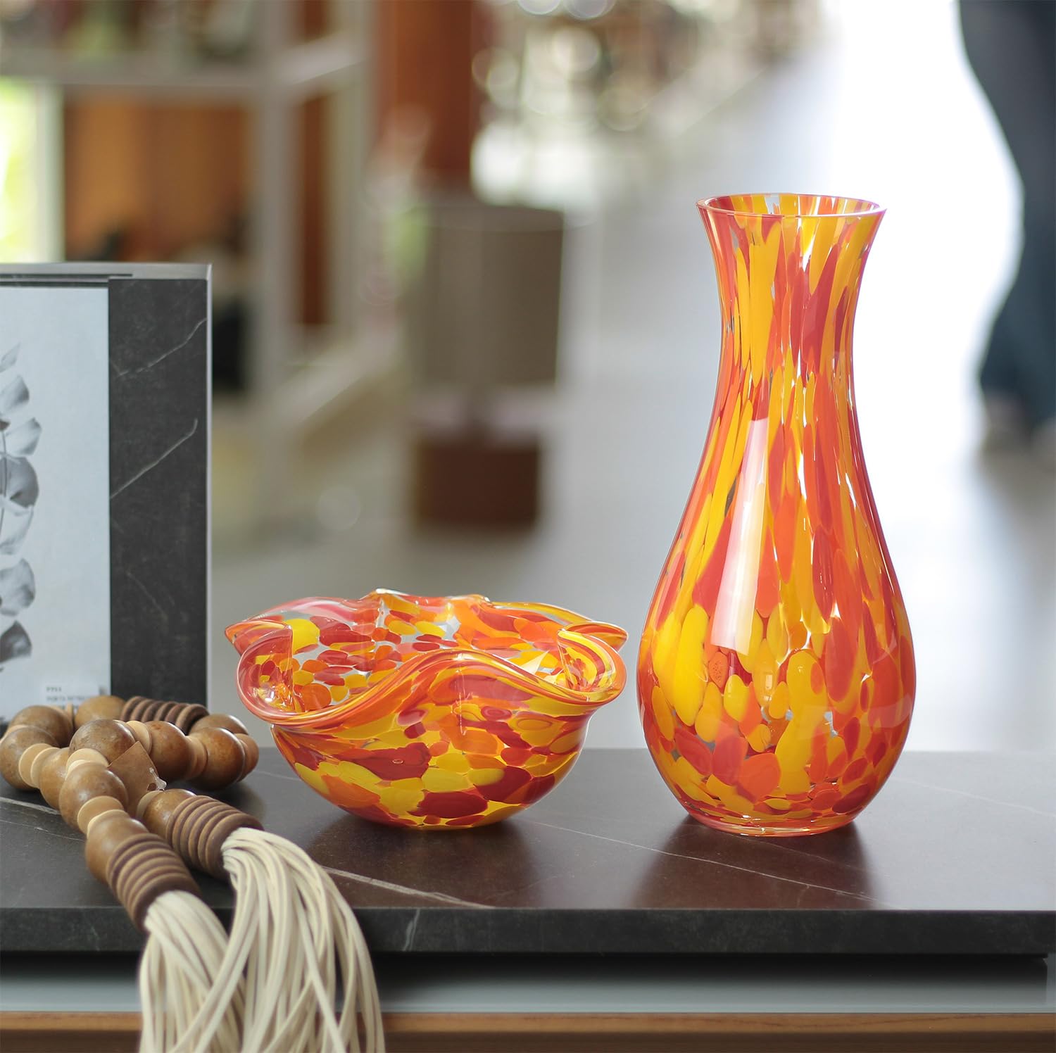 Glass Vase Orange/Yellow Confetti Hand Blown Murano-Style Art Glass for Flower