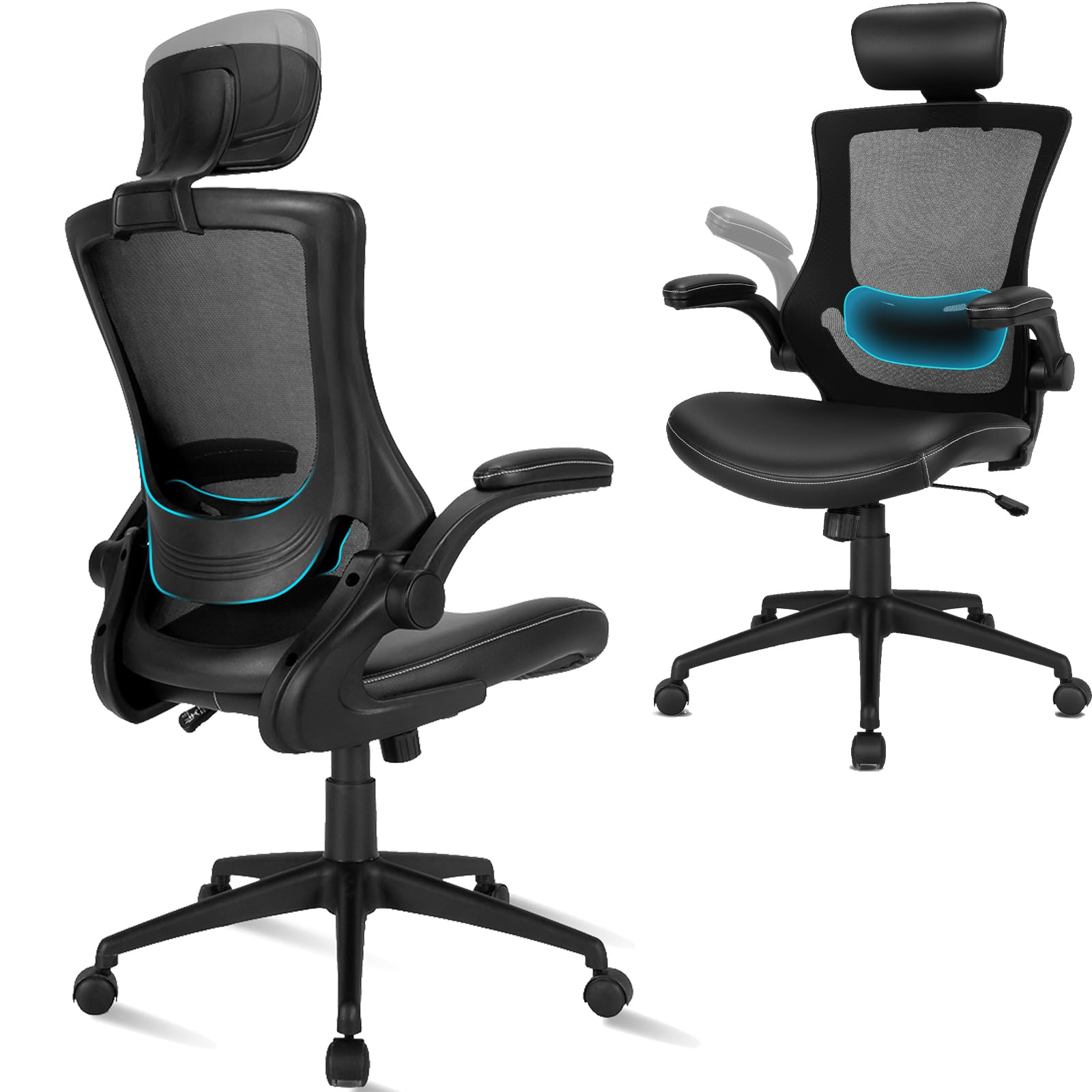 Ergonomic Office Chair with Thickened Leather Seat, Mesh Desk Chair
