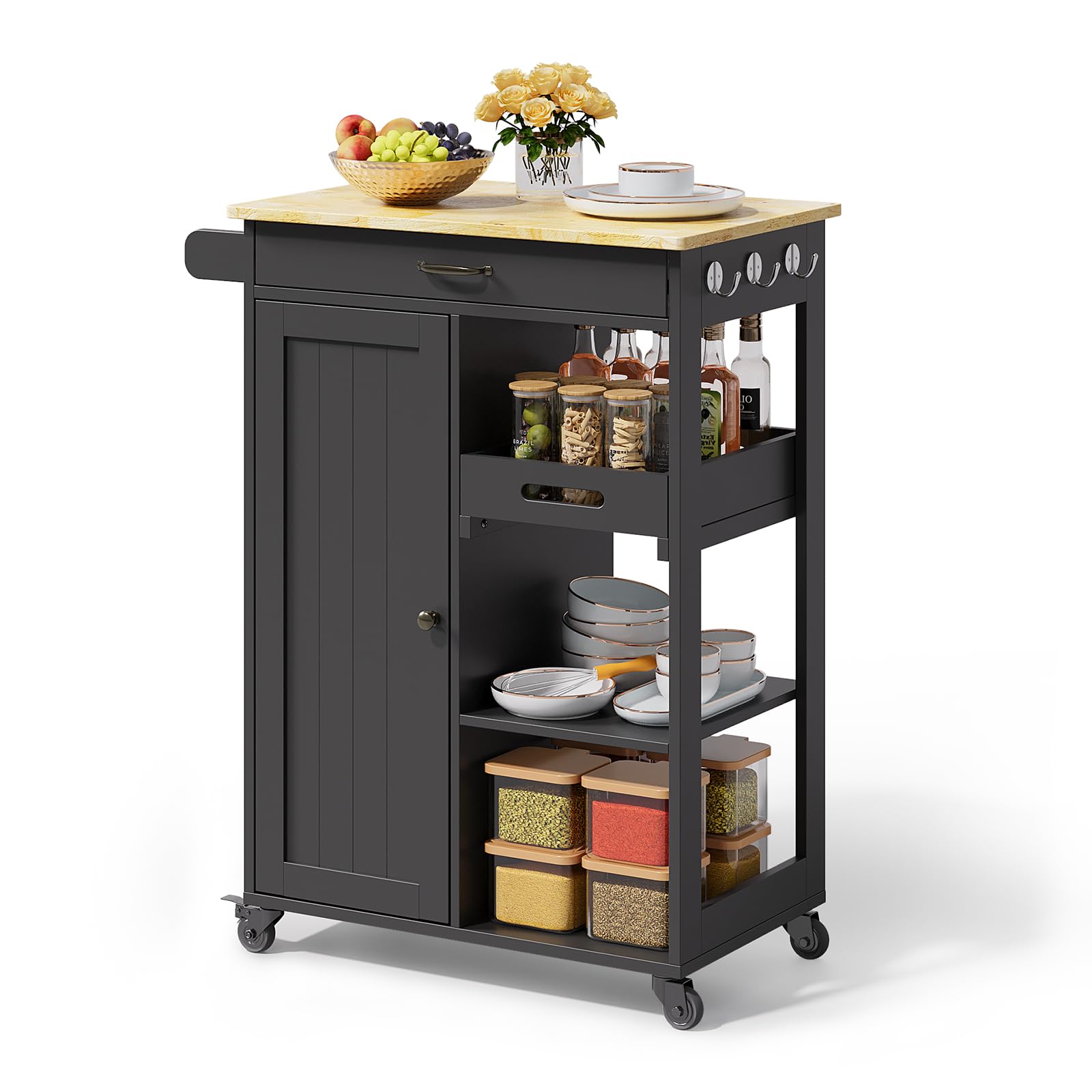 Kitchen Island Cart with Solid Wood Top, Rolling Serving Utility Trolley Cart