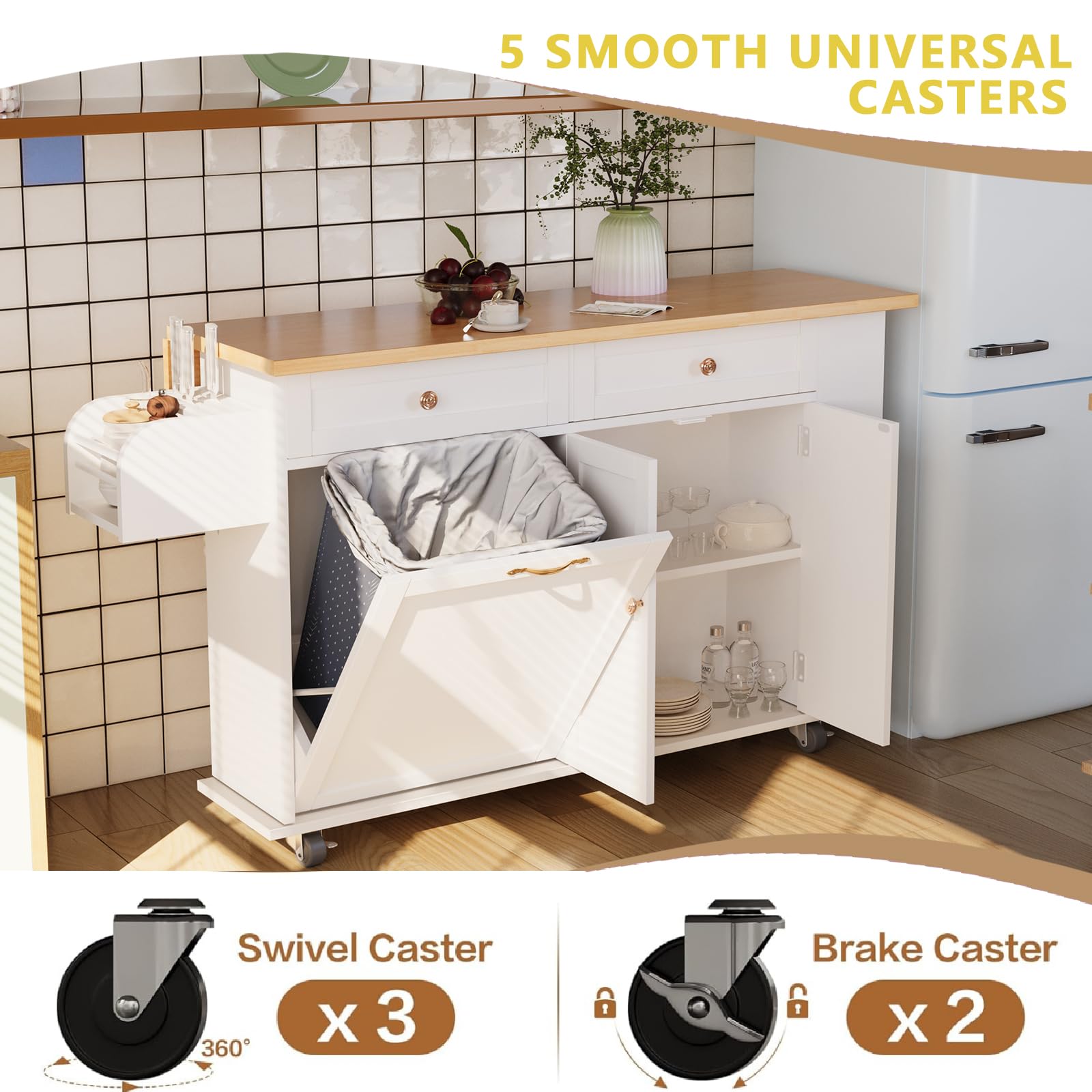 Rolling Kitchen Island with Drop Leaf, Kitchen Island Cart with Trash Storage Cabinet, Kitchen Rolling Island with Spice Rack & Knife Holder, Mobile Island Table for Kitchen, White