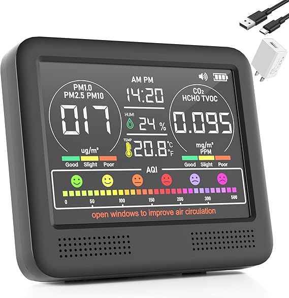 16-in-1 Air Quality Monitor Indoor with 7AQI Beep Alarm, CO2 Monitor, Air Quality Detector