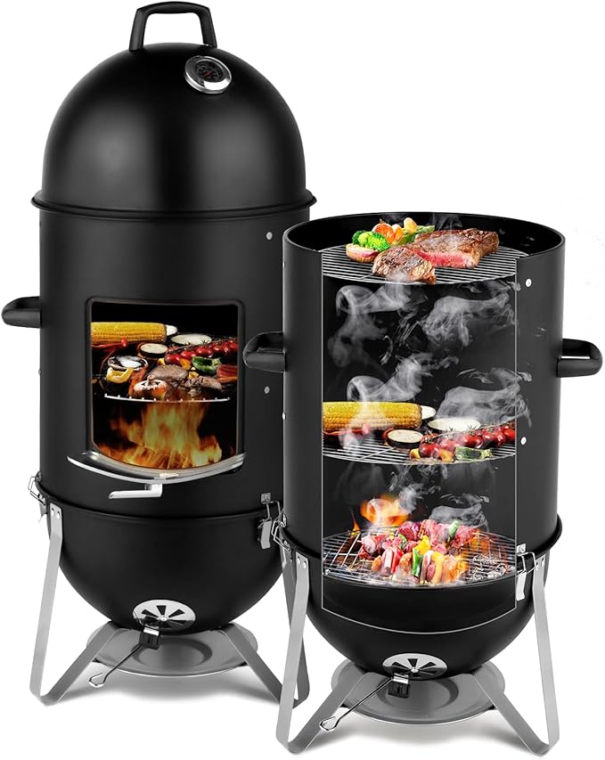 Vertical 17 Inch Charcoal BBQ Smoker, 3-in-1 Portable Outdoor Grill Cooker