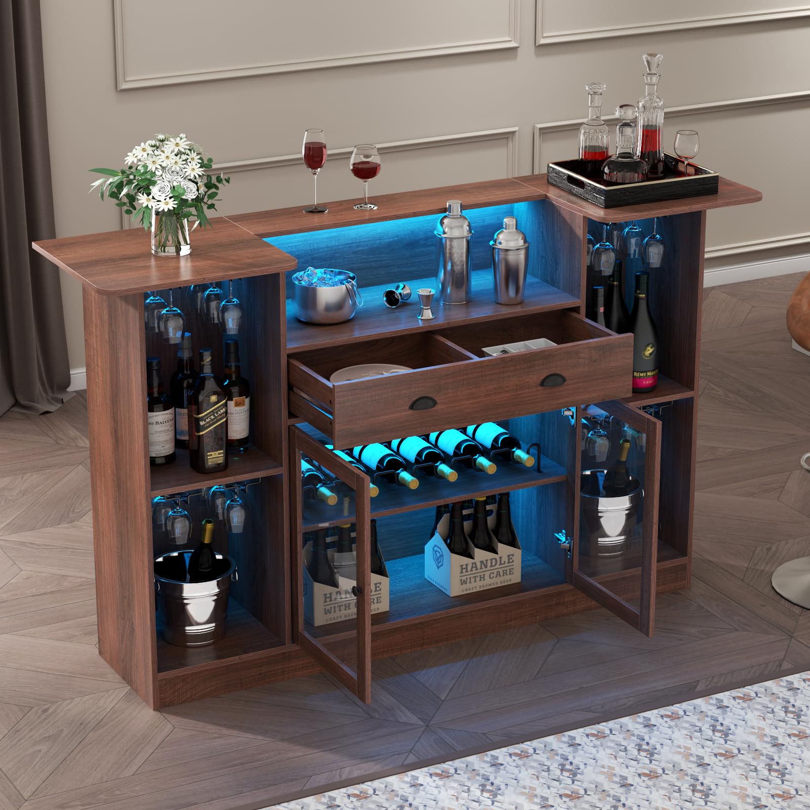 Loomie Bar Table Cabinet with LED & Drawer,Mini Liquor Bar with 8-Tier Storage&Stemware Holder,Wine Alcohol Bar Stand with Glass Door & Adjustable Wine Rack,Crescent Shaped Counter for Home Pub,Walnut